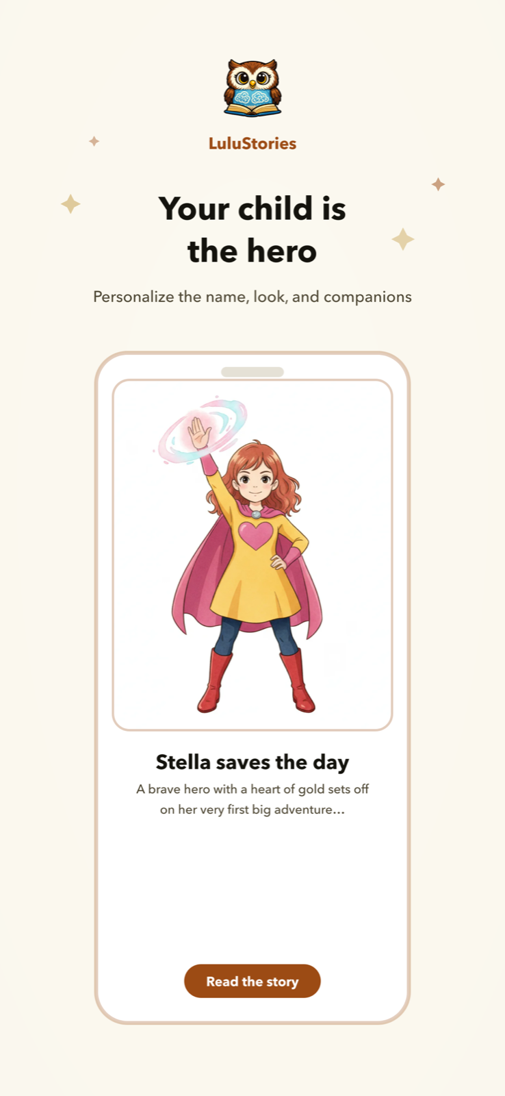 LuluStories app showing a personalized hero character on the cover of a new story