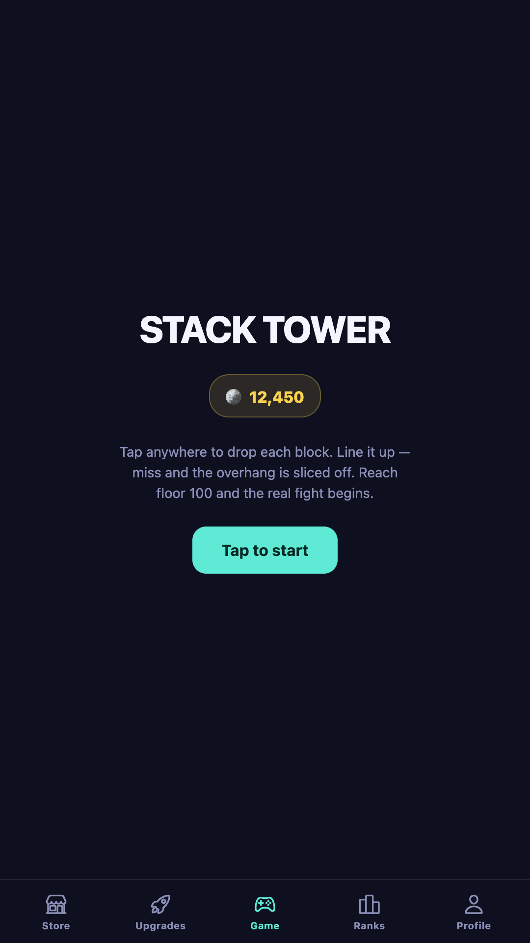 Stack Tower Insanity main menu with neon arcade styling